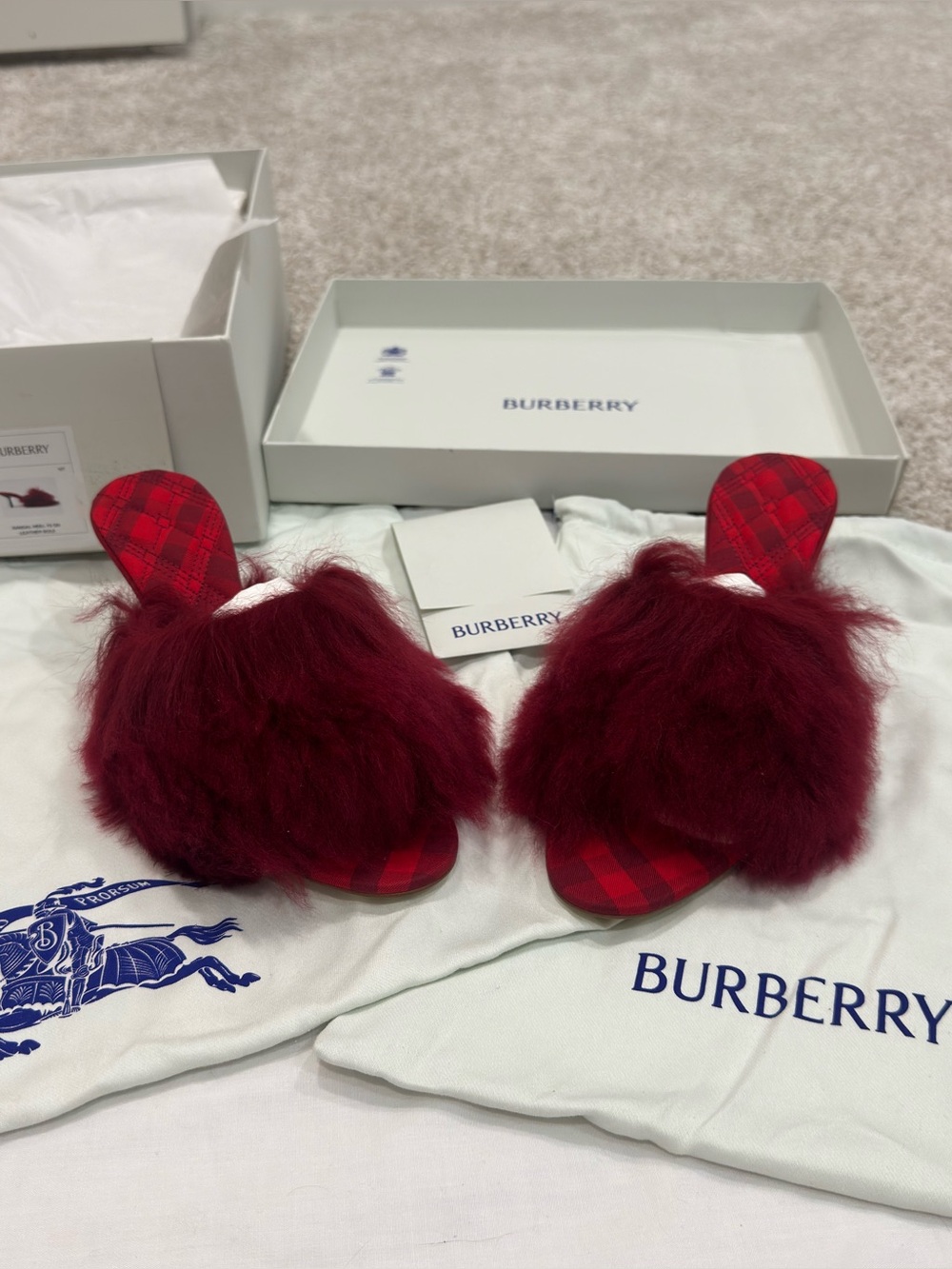 NWT Burberry Women’s Jackie Red Shearling Mules
